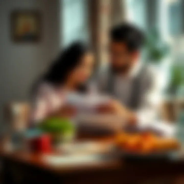 A couple sitting at a table, reviewing financial documents and discussing their budget together.