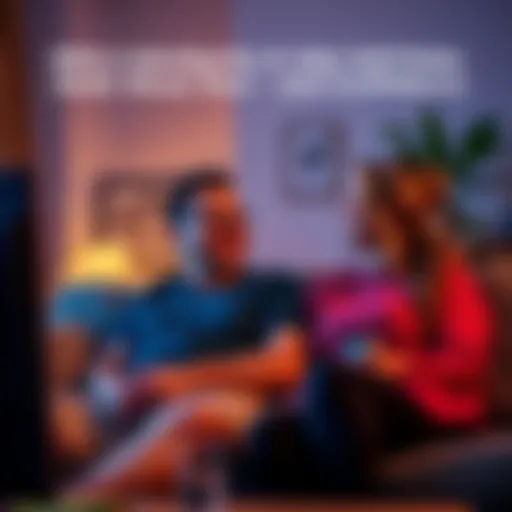 A husband and wife sharing a light moment on the couch, laughing together as they watch a movie, highlighting a playful bond despite the husband's moment of self-doubt.
