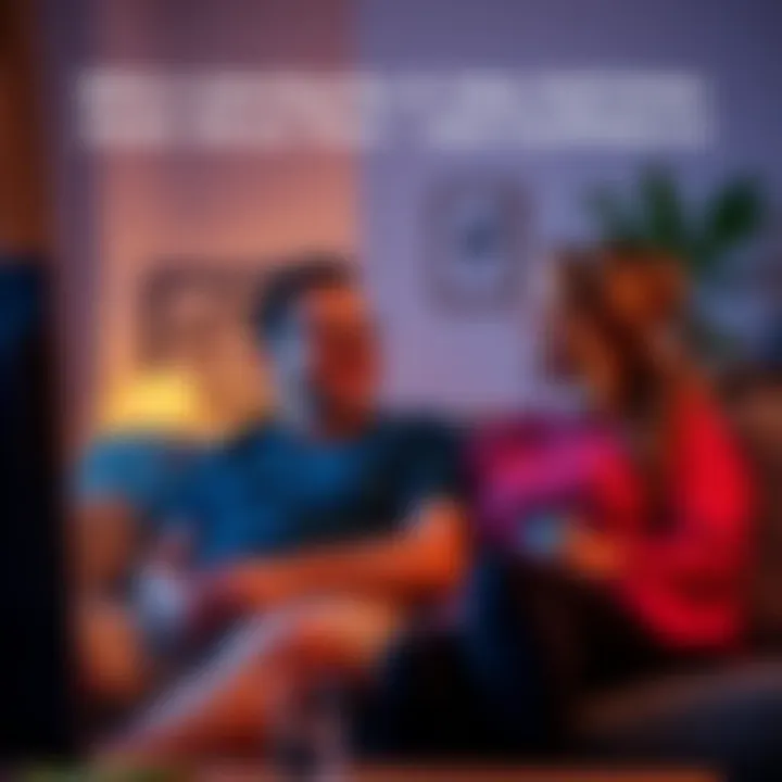 A husband and wife sharing a light moment on the couch, laughing together as they watch a movie, highlighting a playful bond despite the husband's moment of self-doubt.
