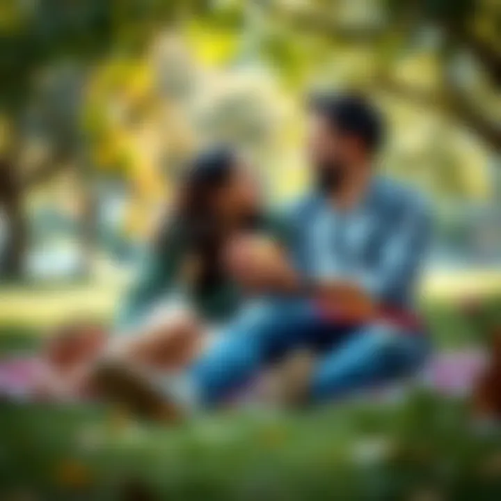 Couple enjoying a picnic in the park A happy couple sitting on a blanket in the park, sharing a picnic and smiling at each other, representing long-lasting love.