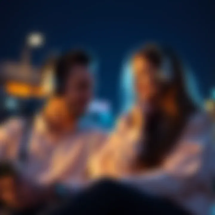 A man and woman sitting together, sharing headphones while listening to music, with a thoughtful expression on the man's face as he describes his favorite song, 'Euclid'.