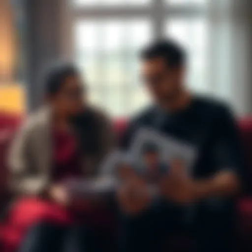 A couple sits together, thoughtfully discussing sperm donation while looking at family photos