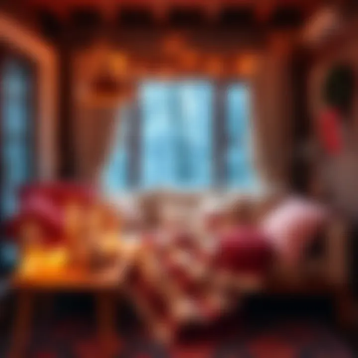 A warm living room filled with blankets, candles, and a small space heater, creating a cozy atmosphere during winter.