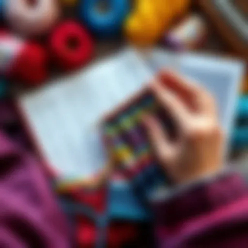 A close-up view of hands holding a knitting project with an alpha chart beside it, showing a mix of colorful yarn and stitch patterns.