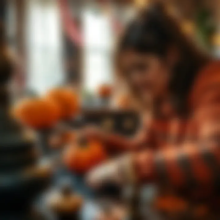A person making Halloween decorations with pumpkins and spider webs