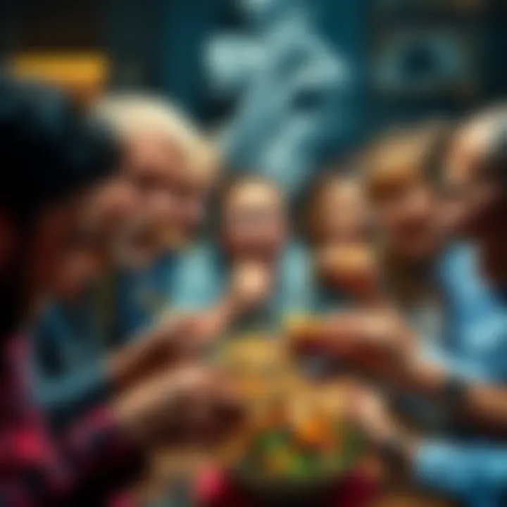 A group of people tasting a bizarre fusion dish, with mixed expressions of surprise and laughter.