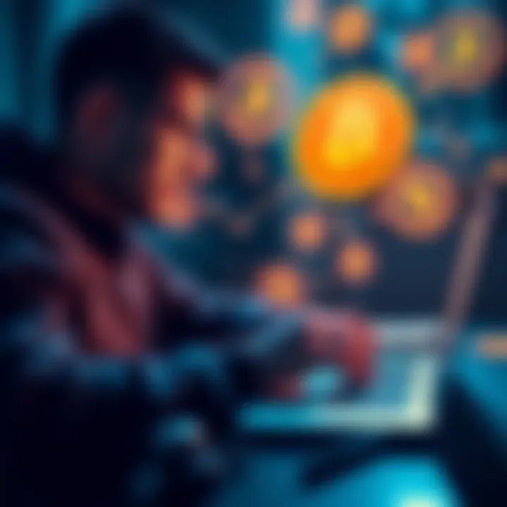 A person using a laptop to create a Bitcoin wallet, with Bitcoin symbols in the background