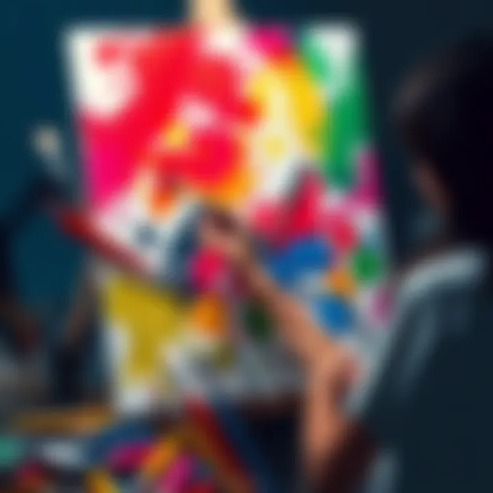 A person painting on a canvas surrounded by colorful paints and brushes, showcasing the joy of an analog hobby