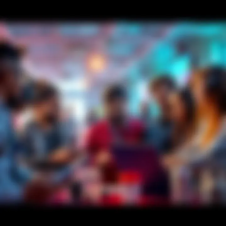 A group of diverse creators working on video content for brands, exchanging ideas with digital tools, showcasing collaboration and creativity in a dynamic setting.