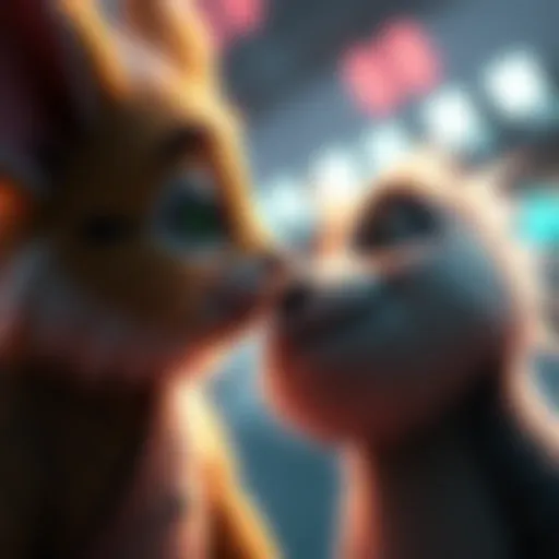 A cute creature gazing down affectionately at its partner, conveying a playful moment.