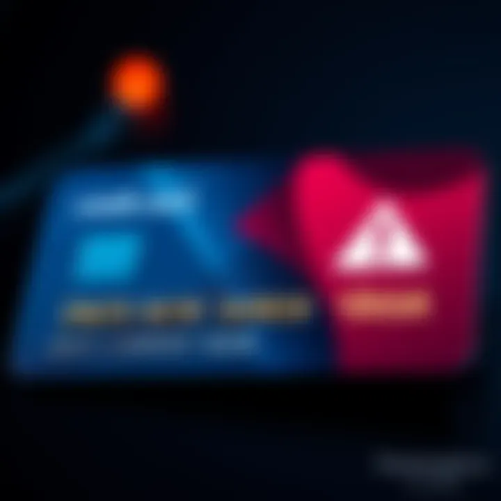 A credit card with an alert symbol indicating unauthorized charge concerns