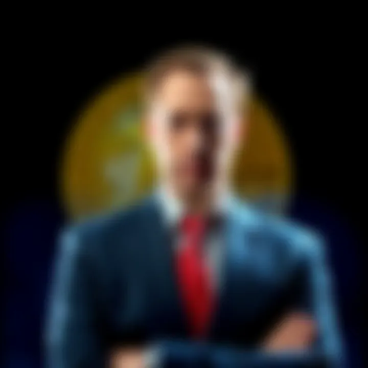 Creg Wright, a man in a suit, standing confidently in front of a Bitcoin symbol, representing his claim to be Satoshi Nakamoto.