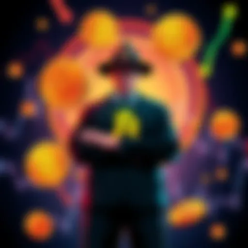 Criminal CZ standing with a questioning expression, surrounded by Bitcoin symbols and financial charts, indicating skepticism about Bitcoin's authenticity and trading practices.