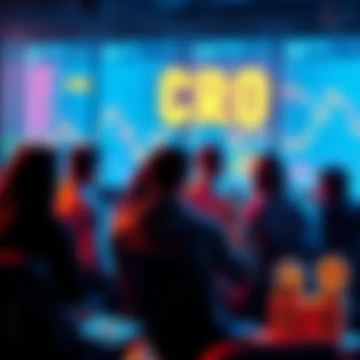 A group of people looking at charts and discussing cryptocurrency investments, with a focus on CRO
