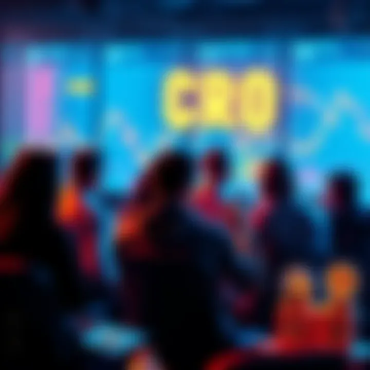CRO Investment Discussion A group of people looking at charts and discussing cryptocurrency investments, with a focus on CRO