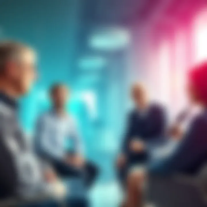 A group of professionals discussing trends in clinical research optimization in a modern office setting.