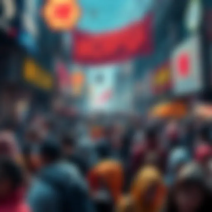 A chaotic scene depicting an NFT marketplace with people frustrated as transactions fail during a high-demand drop, highlighting issues with congestion and technical problems.