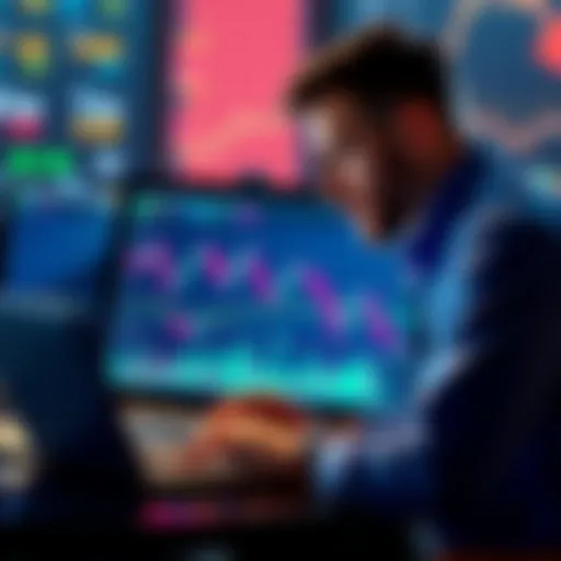 A person analyzing cryptocurrency charts and data on a laptop, symbolizing the development of crypto arbitrage software in a competitive market.