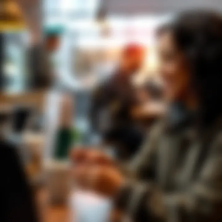 A person paying for coffee with a cryptocurrency card, showing a smile as they complete the transaction, with a coffee shop background.