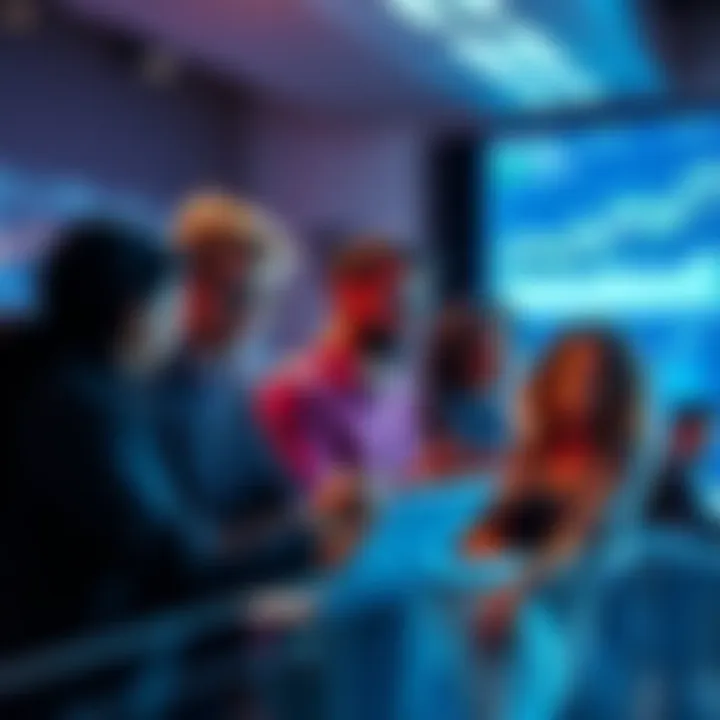 A group of diverse professionals discussing compliance strategies in cryptocurrency, with graphs and charts on a screen in the background.