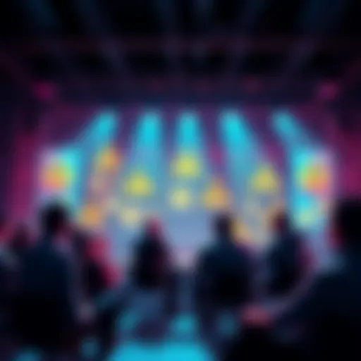 A group of people discussing cryptocurrency with caution signs in the background