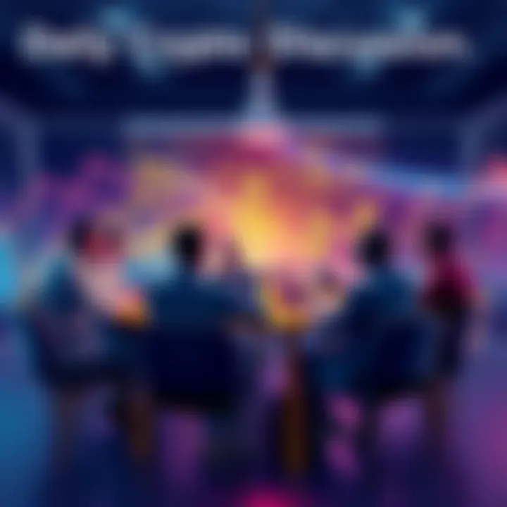 A group of people engaging in a discussion about cryptocurrency, sharing ideas and tips while sitting around a table with laptops and phones.