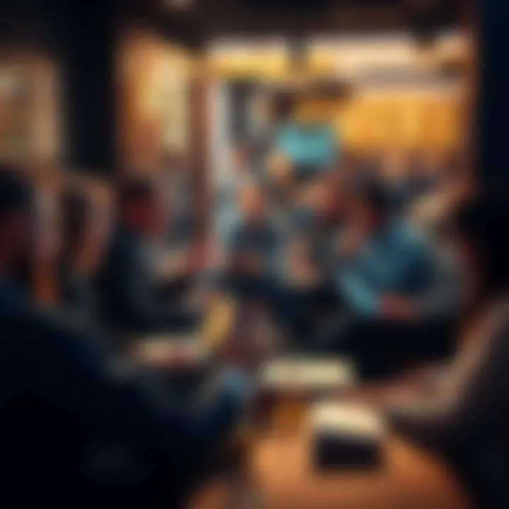 A group of people discussing cryptocurrency in a casual setting, sharing insights and ideas, with laptops and phones open.