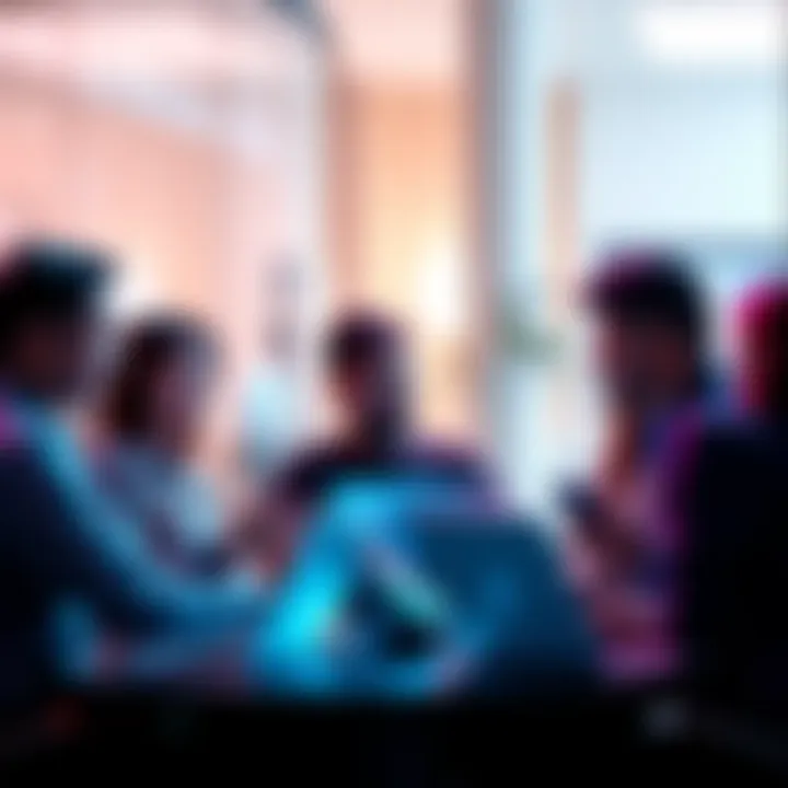 A group of people discussing cryptocurrency in a lively setting, exchanging tips and advice with laptops and phones in hand.