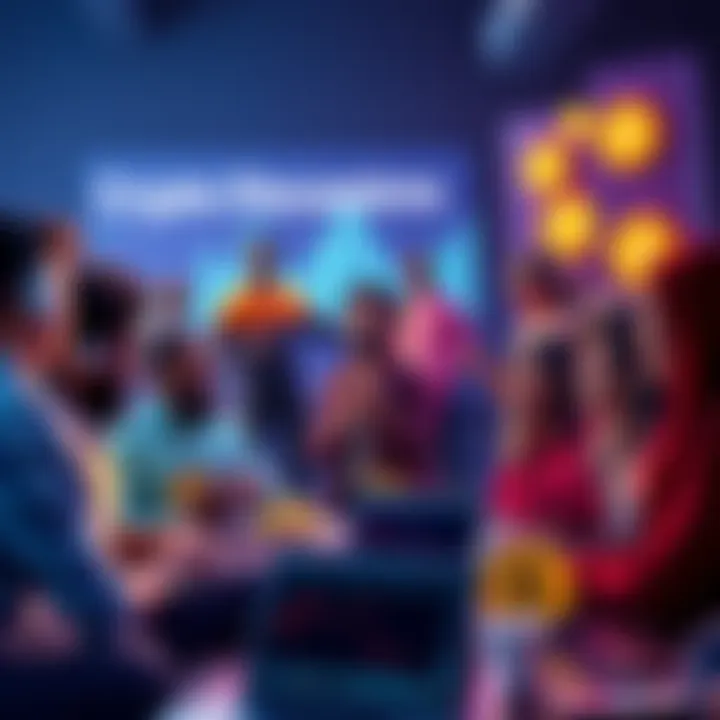 A group of diverse people engaging in a lively discussion about cryptocurrency, with charts and digital coins in the background.