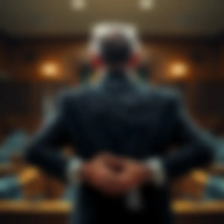 Businessman in handcuffs with a courtroom setting, representing the conviction for a crypto Ponzi scheme