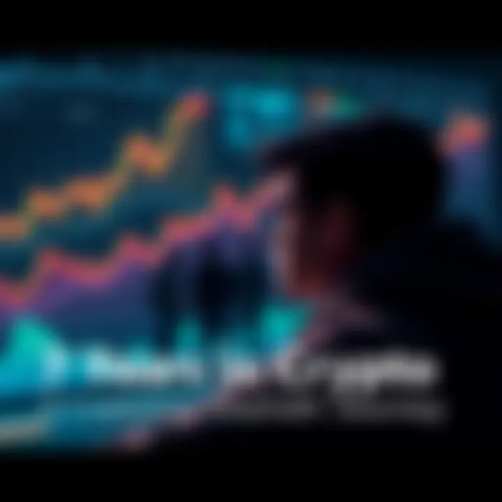 Crypto Journey Lessons A person reflecting on their journey in cryptocurrency with charts and community members in the background.