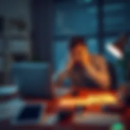 A worried individual sitting at a desk with a laptop, looking for legal advice about a risky cryptocurrency investment, surrounded by papers and a phone.