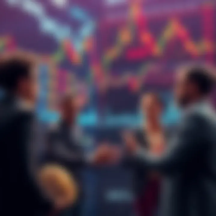 Group of people discussing crypto market predictions with charts and graphs in the background