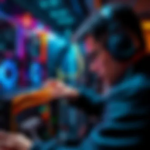 Individual examining cryptocurrency mining setup with wires and hardware