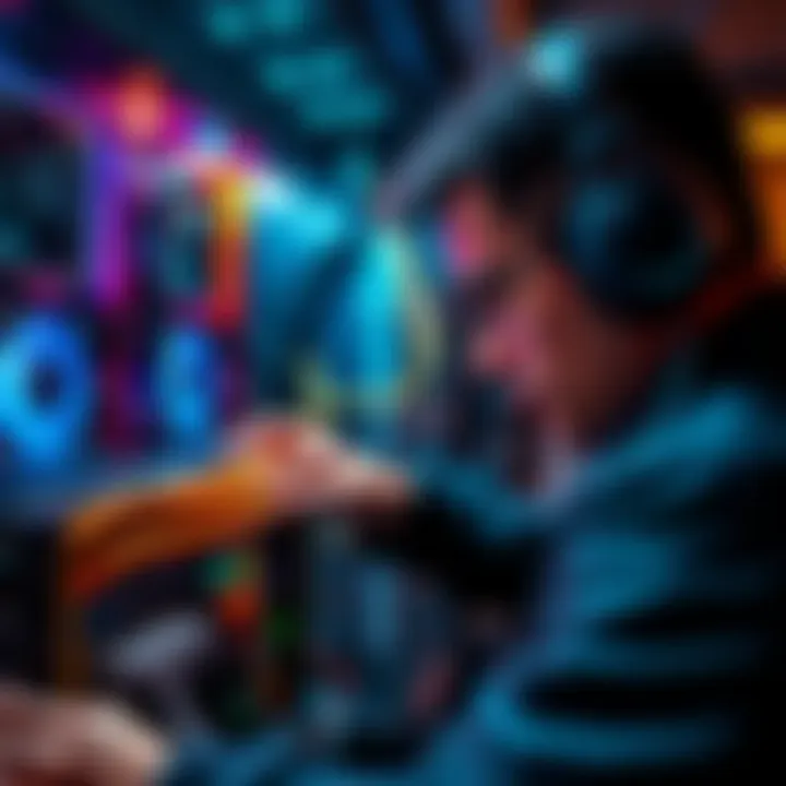 Individual examining cryptocurrency mining setup with wires and hardware