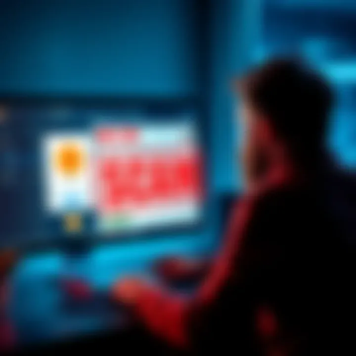 A concerned person looking at a computer screen displaying a fake job ad and crypto symbols, illustrating common scams in the digital currency space.