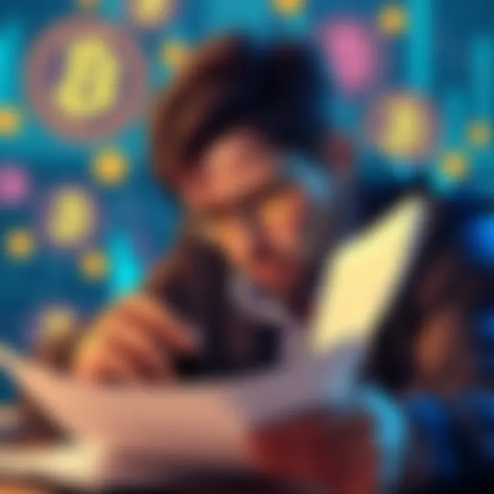 A distressed investor pondering over tax documents with crypto symbols in the background