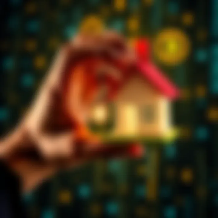 A person holding a house key with a background of digital currency symbols and a house model, symbolizing crypto-backed mortgages.