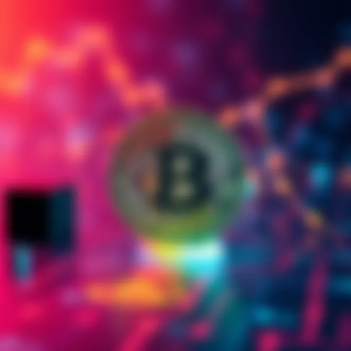 A graphic showing a digital currency symbol with blockchain elements in the background