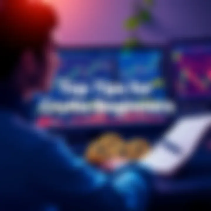 Crypto Beginner Tips A person looking at cryptocurrency charts on a computer screen, surrounded by digital coins and a notebook with notes