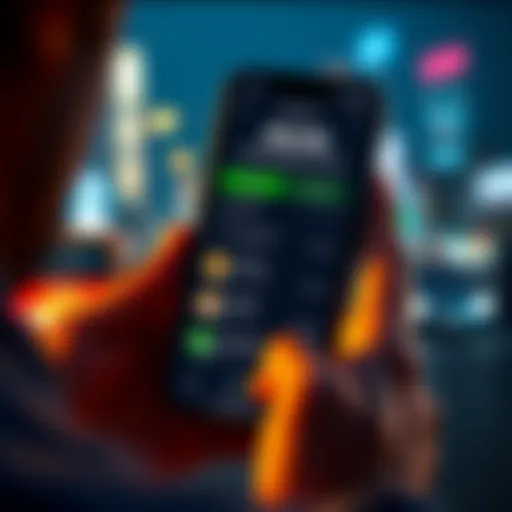 A person holding a smartphone displaying a crypto betting app interface with geopolitical events listed, showing the topic of betting on an Iran invasion.