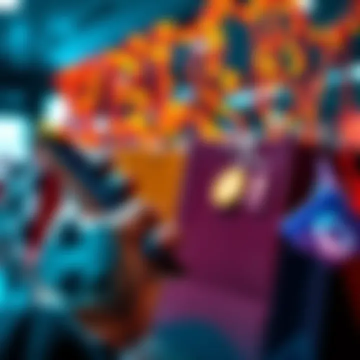 A person browsing cryptocurrencies on a mobile device with shopping bags in the background