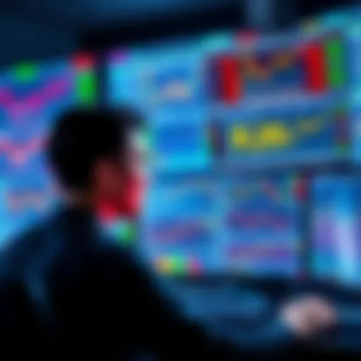 A focused person looking at multiple screens showing cryptocurrency prices and charts, reflecting on strategies to manage boredom in the market.