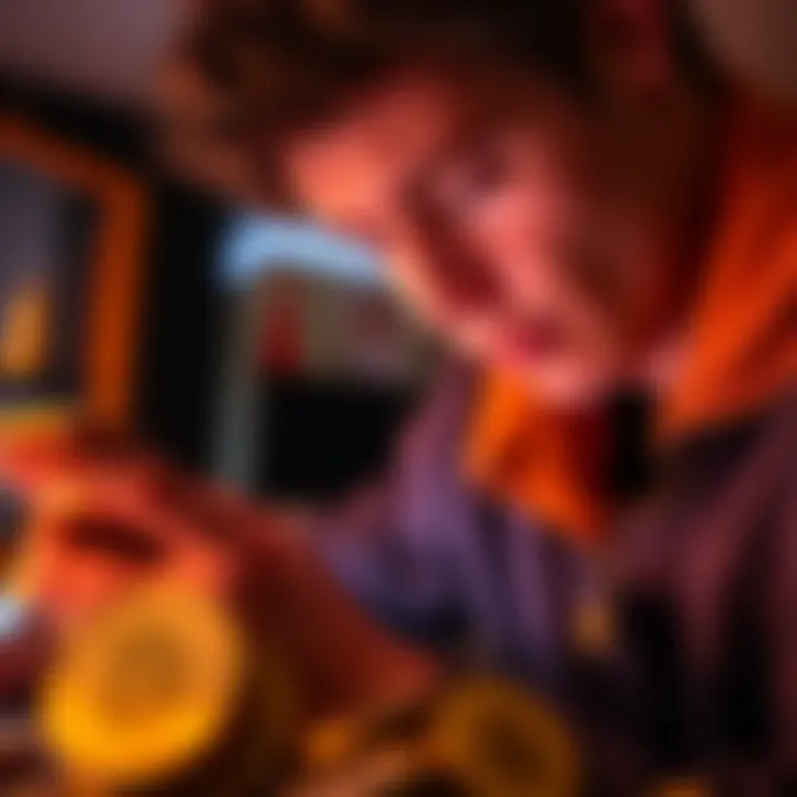 A person looking at their phone, considering borrowing against cryptocurrency, with coins in the foreground.