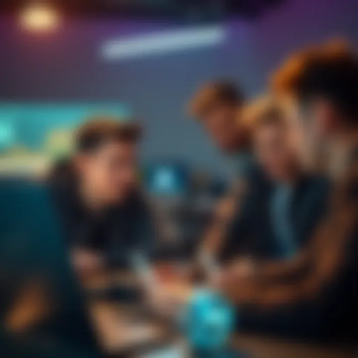 A group of young people engaged in a discussion about cryptocurrency trends, with charts and graphs on a laptop screen.