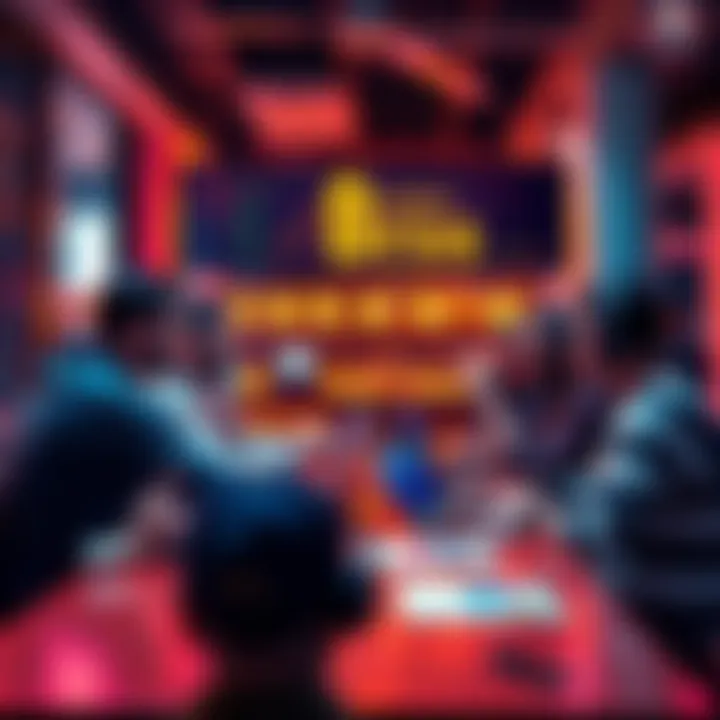 A group of crypto enthusiasts discussing digital currencies at a cafe, with laptops and charts on the table.