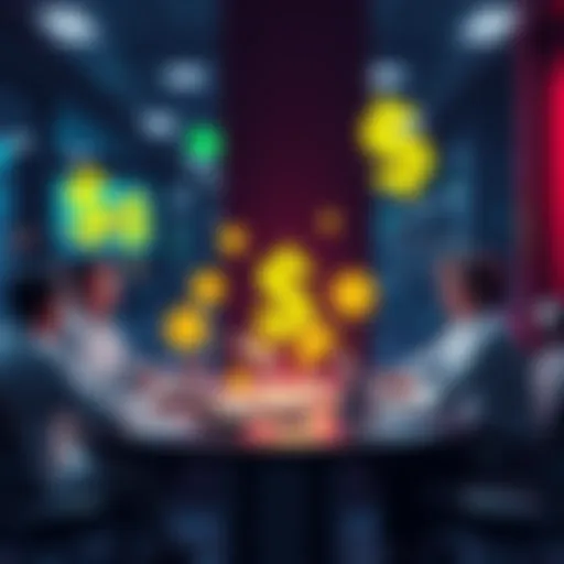 A visual representation of digital currency symbols converting into cash, with people discussing around a table