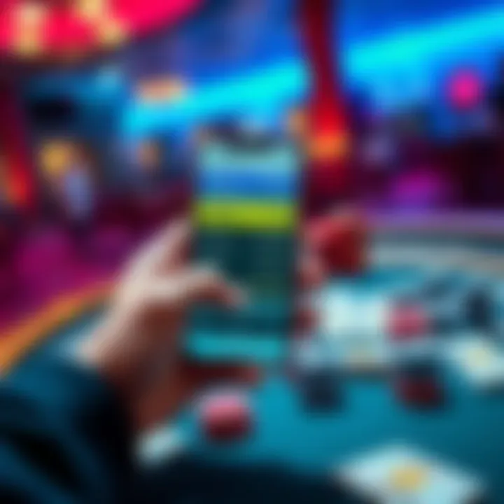 A person holding a smartphone showing cryptocurrency balance with casino chips and cash on a table in the background