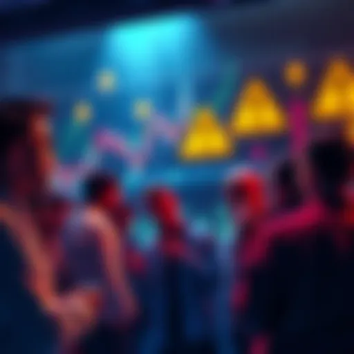 A group of people discussing cryptocurrency trends with charts and warning signs in the background