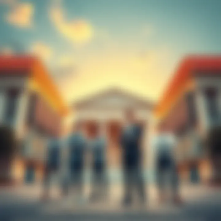 Crypto CEOs stand confidently in front of traditional banking buildings, symbolizing a shift in financial power dynamics with the Clarity Act